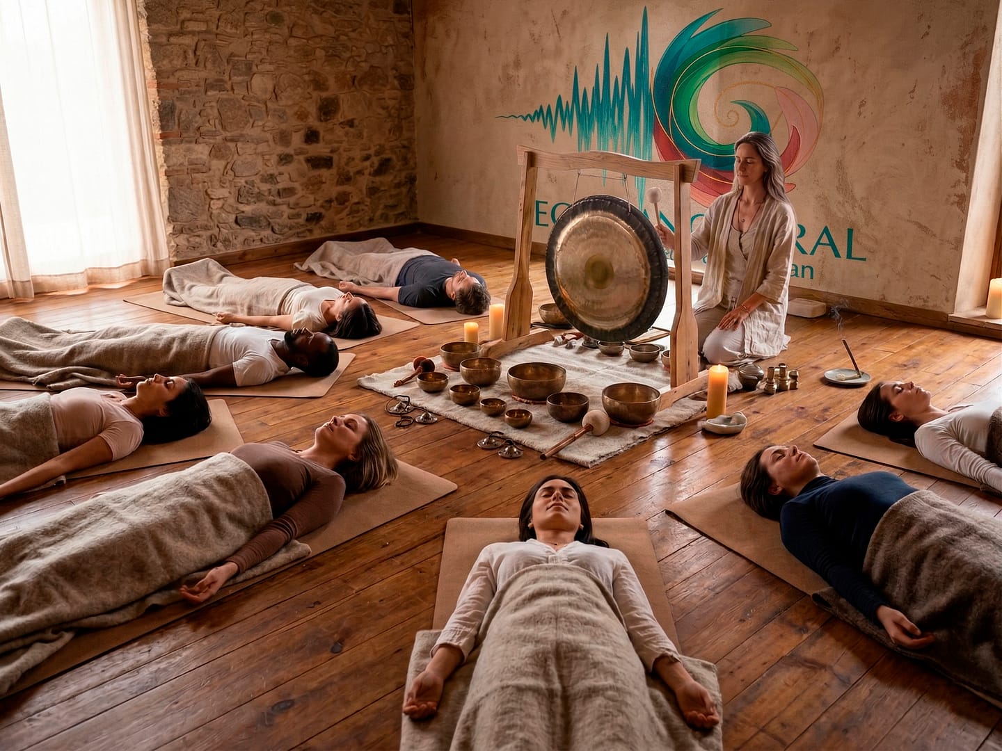 Personas recostadas en meditación durante un baño de sonido con cuencos tibetanos y gong en un espacio con paredes de piedra.