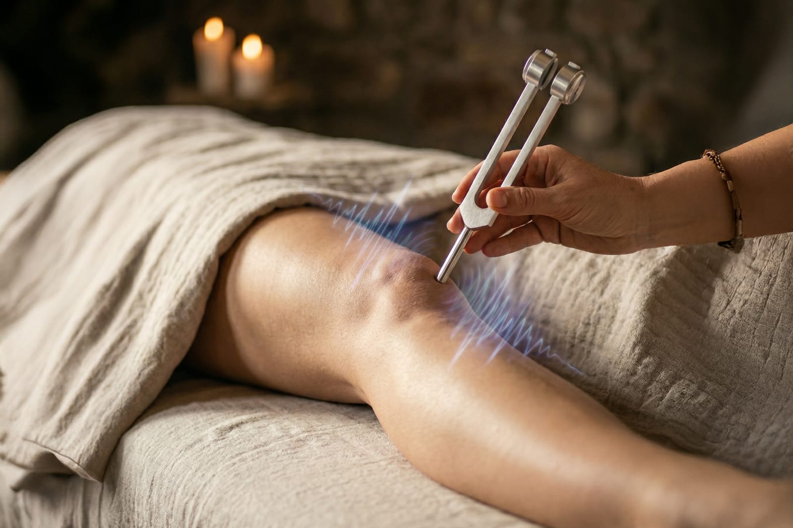 Terapeuta aplicando un diapasón vibratorio en la rodilla de un paciente. Frecuencias acústicas visualizadas penetrando la articulación para desinflamar tejidos y aliviar el dolor.
