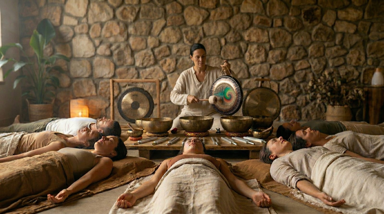 Terapeuta de Eco Ancestral tocando un gong durante una sesión de baño de sonido grupal. Pacientes en relajación profunda rodeados de cuencos tibetanos para equilibrar el sistema nervioso.