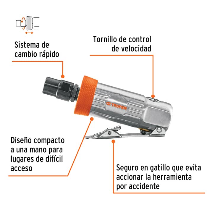 Rectificador Neumático Truper TPN-876-2 de 1/4" con carcasa de aluminio pulido y conexión de aire de 1/4" NPT