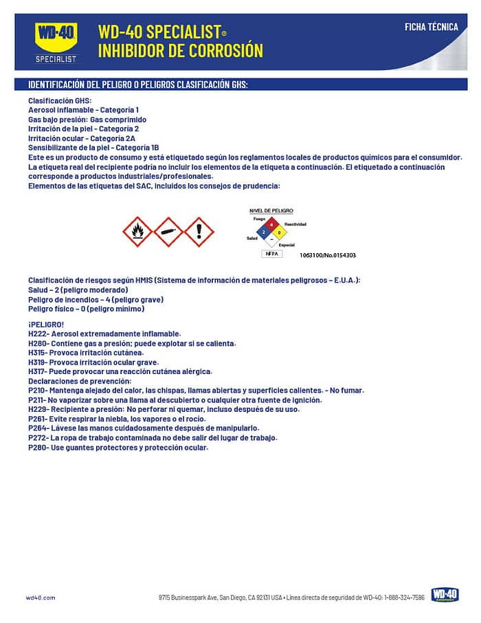 Ficha técnica WD-40 Specialist inhibidor de corrosión