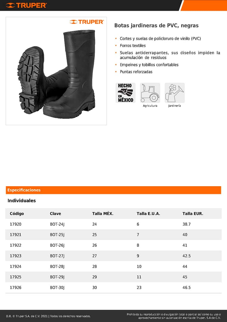 Ficha Técnica Bota de hule jardinera