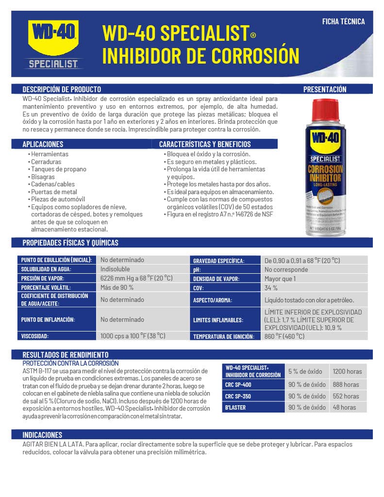 Ficha técnica WD-40 Specialist inhibidor de corrosión