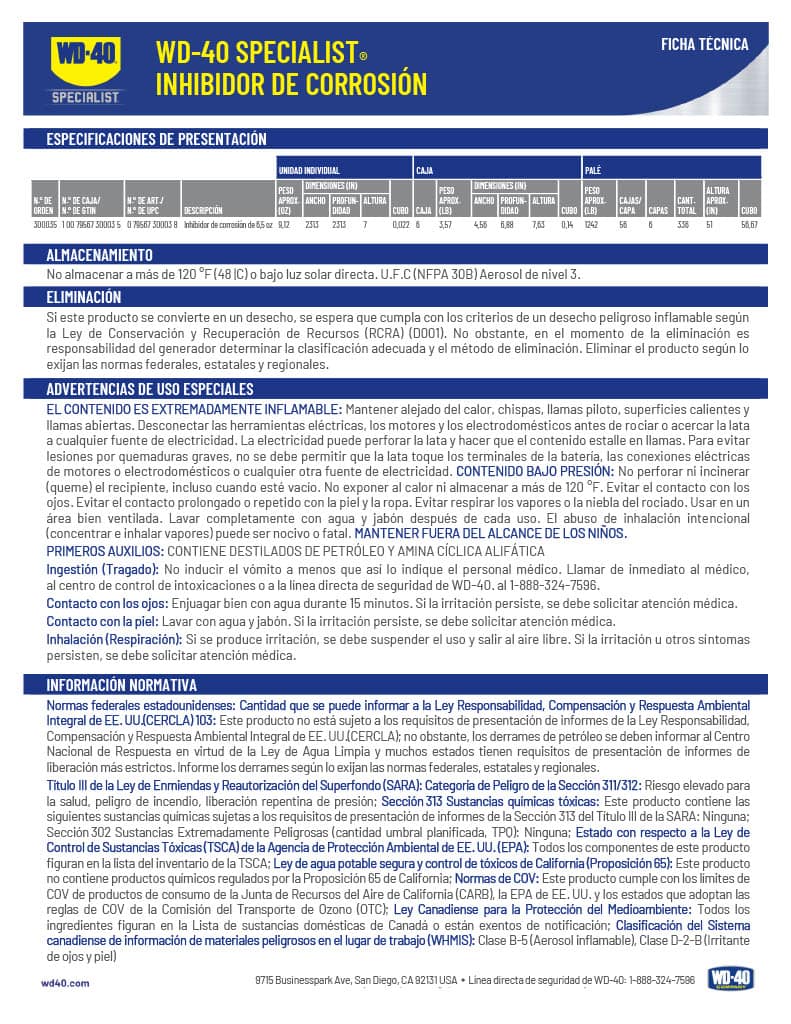 Ficha técnica WD-40 Specialist inhibidor de corrosión