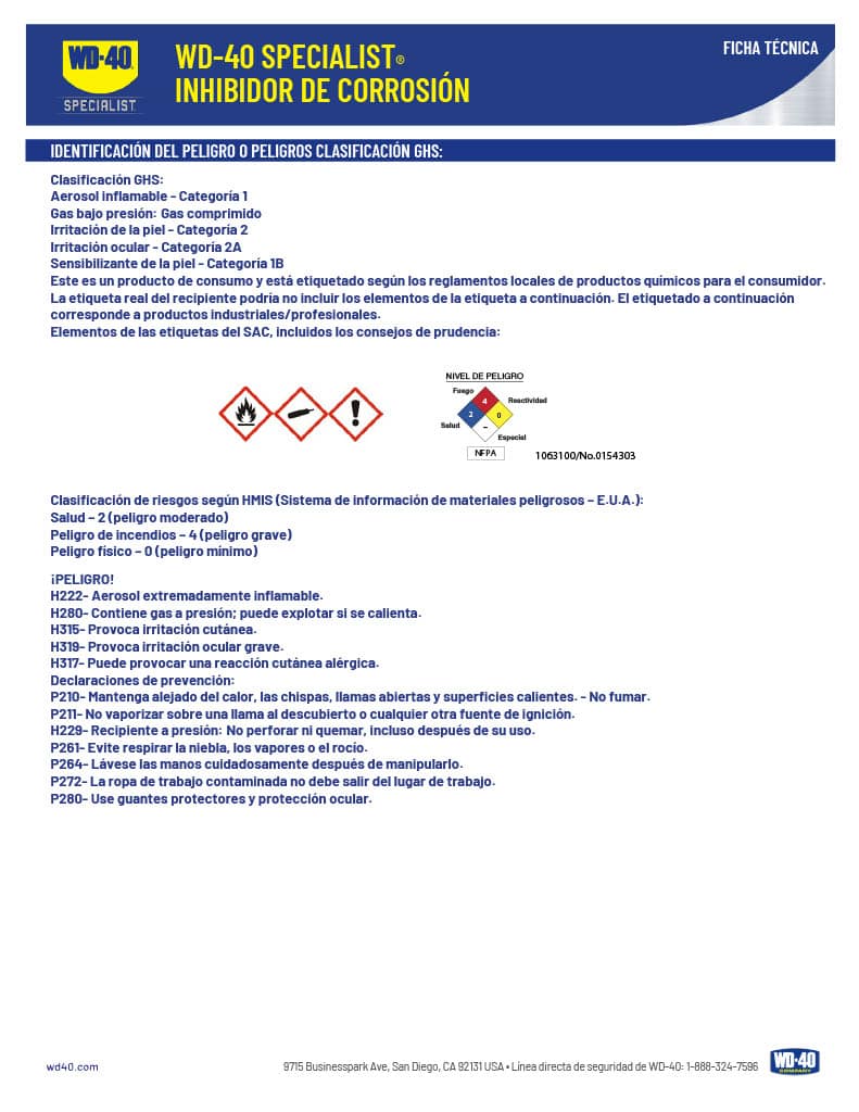 Ficha técnica WD-40 Specialist inhibidor de corrosión